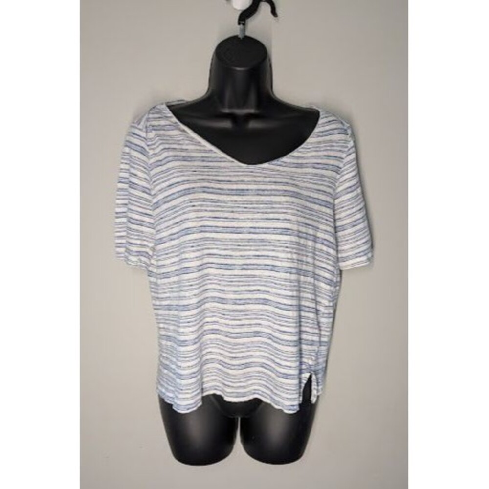 J.Jill Love Linen White blue Striped Short Sleeve Top boho lagenlook coastal L P